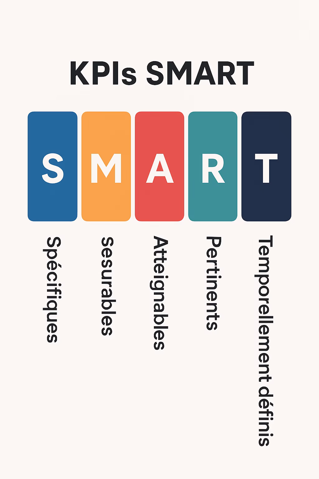 Diagramme des objectifs SMART à appliquer aux cahiers des charges : Spécifiques, Mesurables, Atteignables, Pertinents, Temps définis.